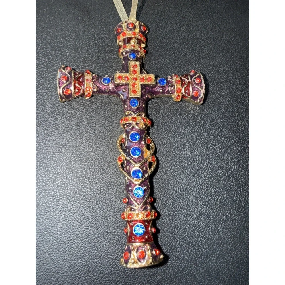 Jeweled Cross Ornament Gold Tone Blue Green Stones Rhinestones 4x5